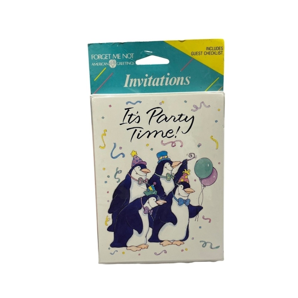 VTG Invitations It's Party Time Penguins Birthday Forget Me Not AG Paper